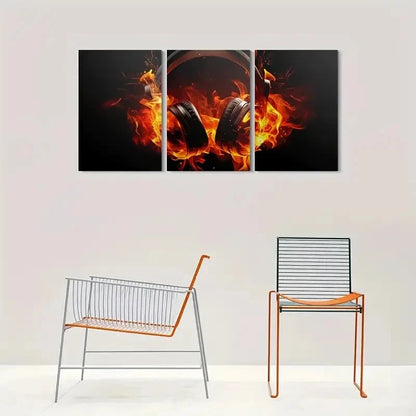 3pcs Abstract Fire Vibrant Orange & Black Metal Print Ready to Hang Art