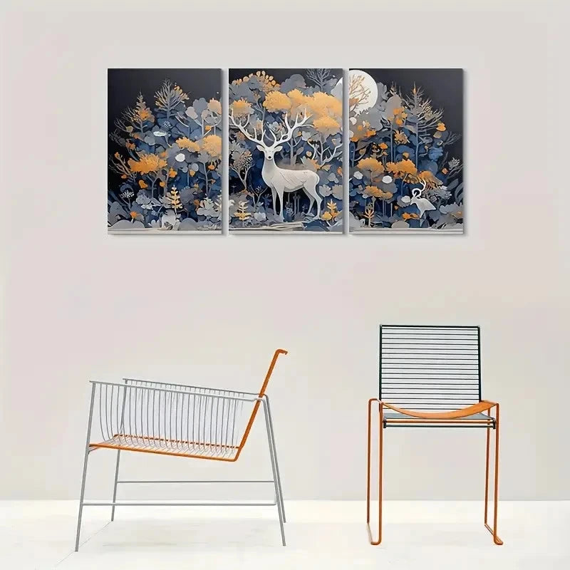 3pcs Enchanted Forest Moonlit Deer Metal Print Ready to Hang Art