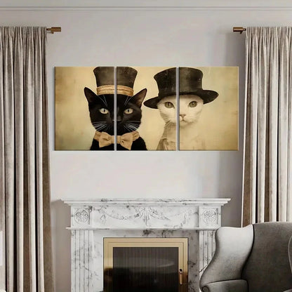 3pcs Elegant Cats In Top Hats Vintage Style Metal Print Ready to Hang Art