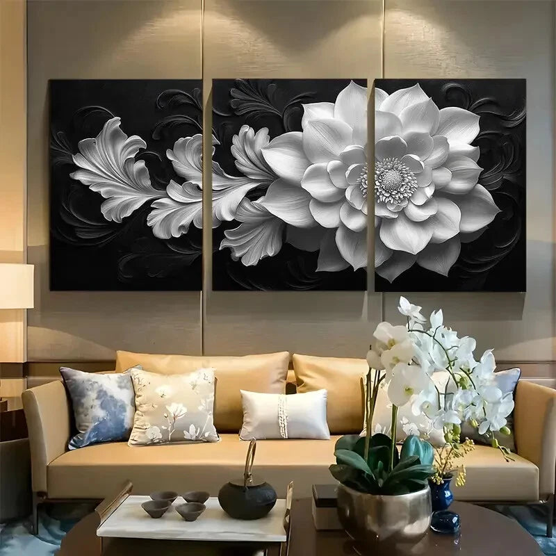3pcs Black and White Botanical Floral Elegance Metal Print Ready to Hang Art