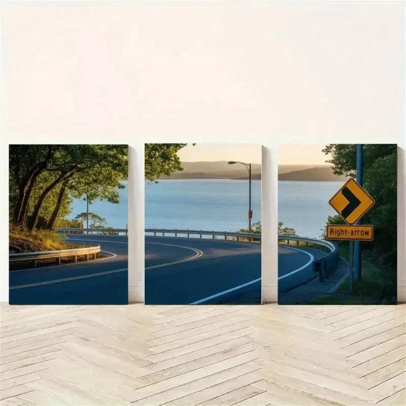 3pcs Blue Lake, Curved Road, Green Trees Wall Art Canvas Unframed - High Quality Print 100% Australian Made Wall Canvas