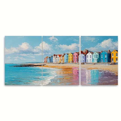 3pcs Worthing West Sussex Coastal Illustration Wall Art Set Canvas Framed 50x70cm - High Quality Print 100% Australian Made Wall Canvas Ready to Hang