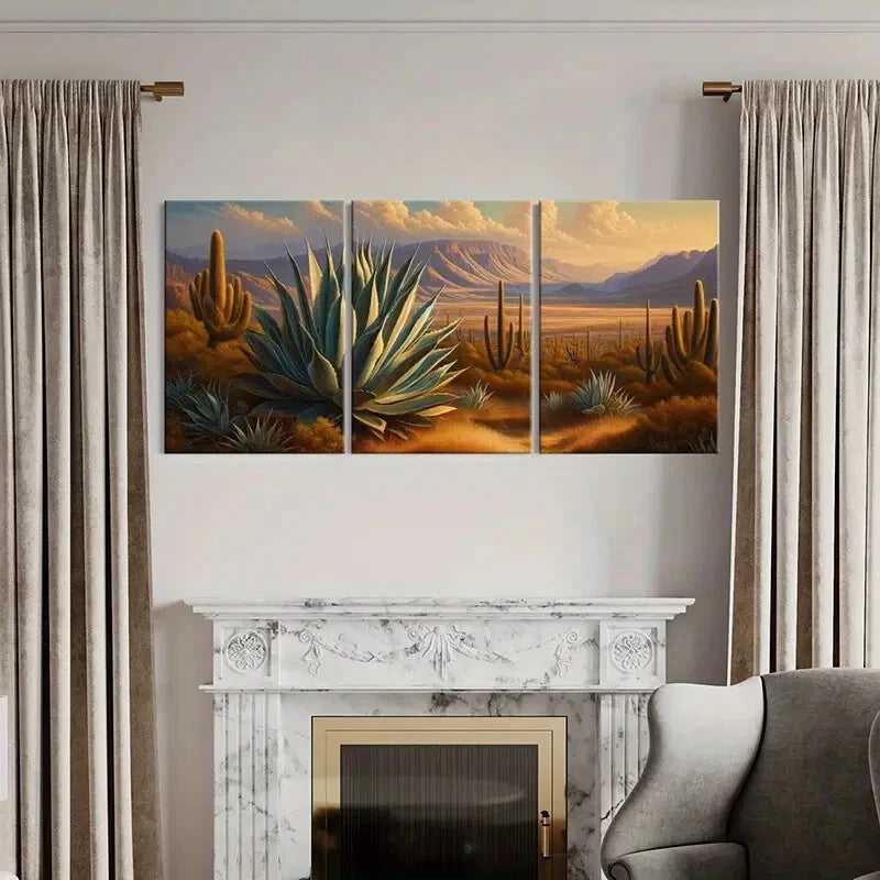 3pcs Vibrant Cactus & Mountain Sunset Scene Metal Print Ready to Hang Art