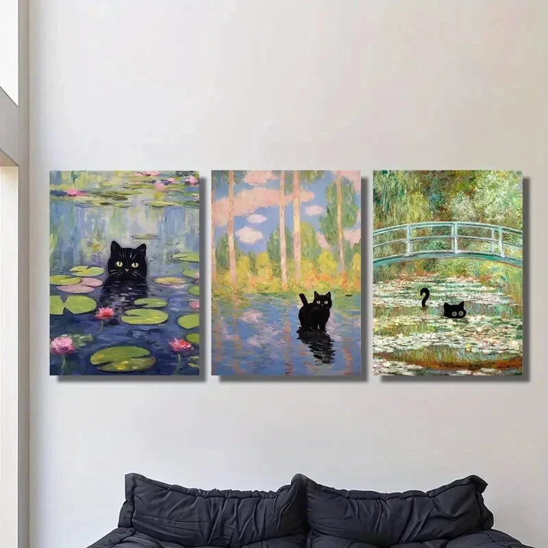 3pcs Featuring a Black Cat Inspired by Monet Metal Print Ready to Hang Art