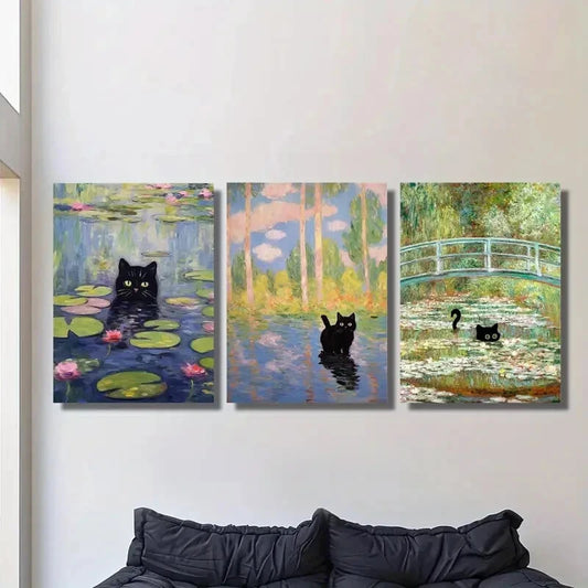 3pcs Featuring a Black Cat Inspired by Monet Metal Print Ready to Hang Art