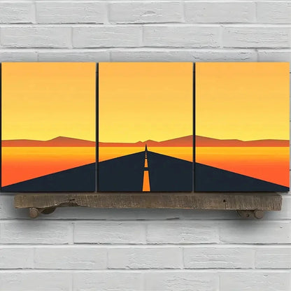 3pcs Sunset Glow Road Trio Orange Themed Metal Print Ready to Hang Art