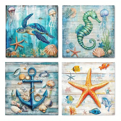 4pcs Blue Beach Bathroom Teal Nautical Sea Turtl Wall Art Canvas Framed