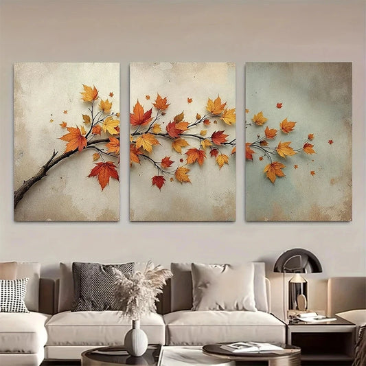 3pcs Golden Autumn Leaves Earthy Tones Metal Print Ready to Hang Art