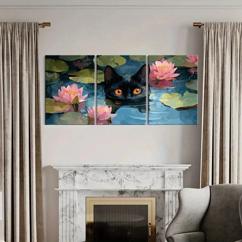 3pcs Black Cat for Lotus Flowers Water Reflection Metal Print Ready to Hang Art