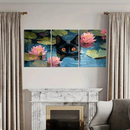 3pcs Black Cat for Lotus Flowers Water Reflection Metal Print Ready to Hang Art