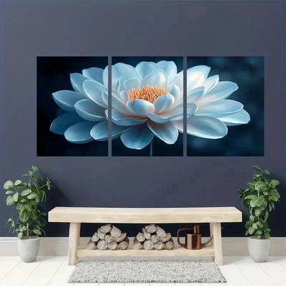 3pcs Elegant White Flower Blue & Golden Design Metal Print Ready to Hang Art
