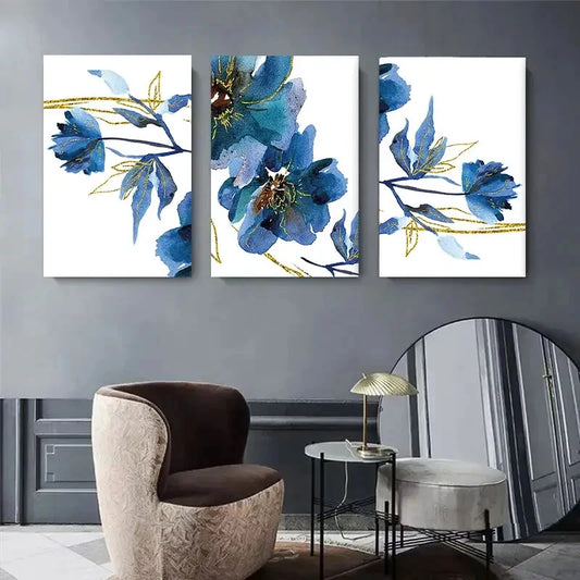 3pcs Blue Floral Watercolor Elegant Flower Design Metal Print Ready to Hang Art