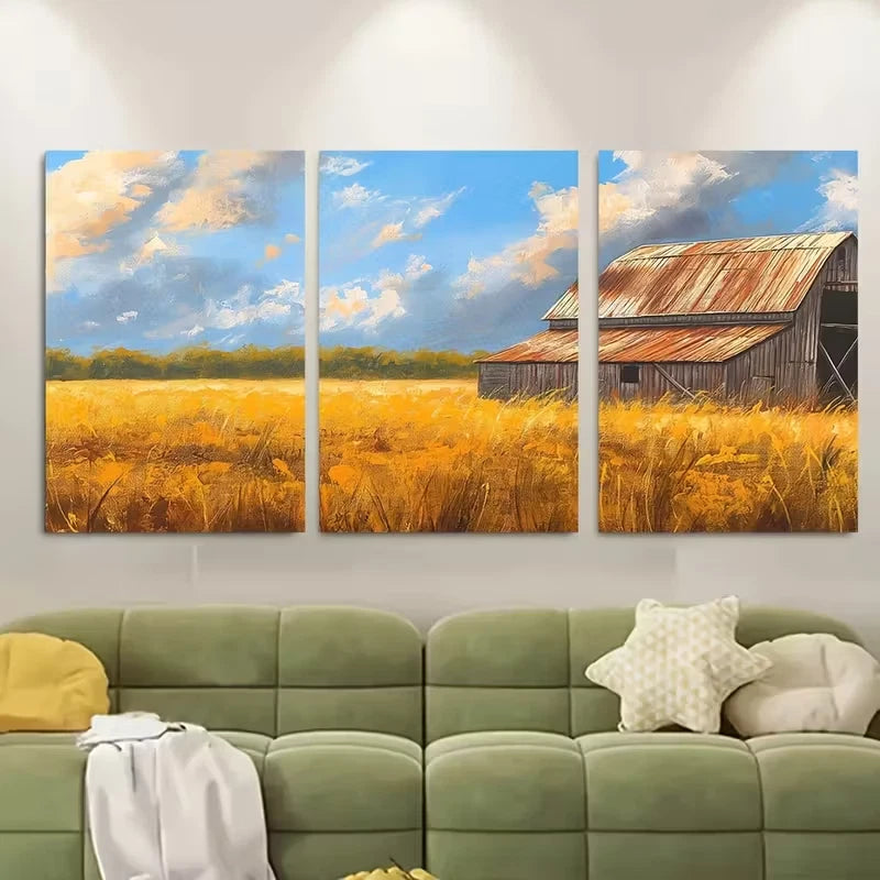 3pcs Wooden Barn & Golden Wheat Field Metal Print Ready to Hang Art