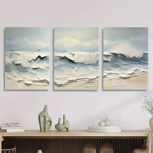 3pcs Abstract Ocean Waves Seascape with Thick Metal Print Ready to Hang Art