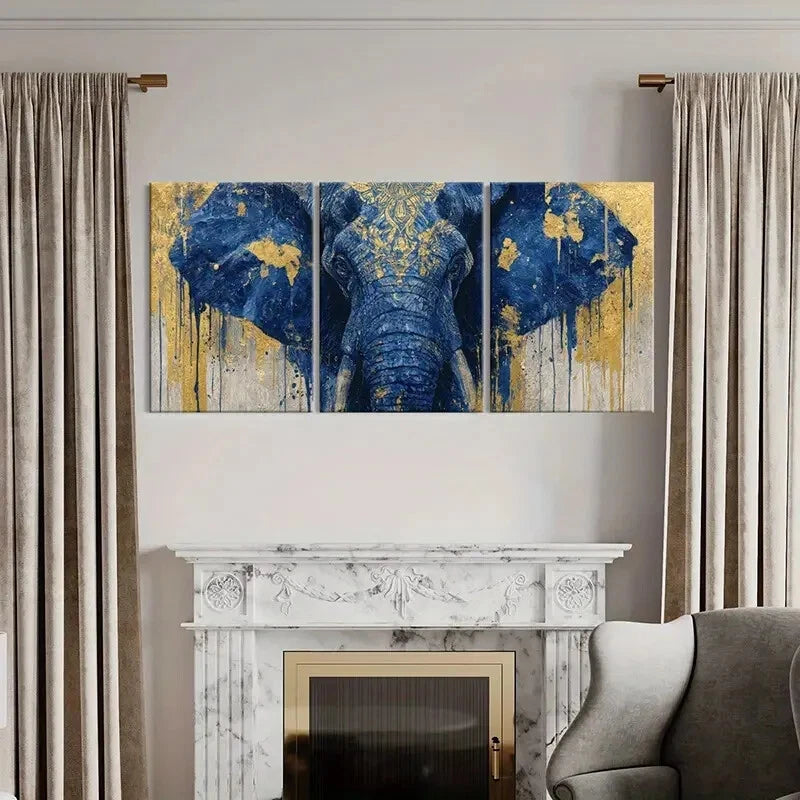 3pcs Blue Elephant Art Golden Accents Abstract Metal Print Ready to Hang Art