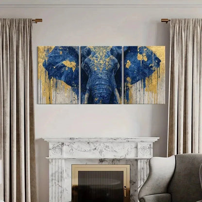 3pcs Blue Elephant Art Golden Accents Abstract Metal Print Ready to Hang Art