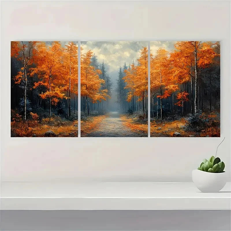 3pcs Abstract Autumn Forest Landscape Path Prints Metal Print Ready to Hang Art