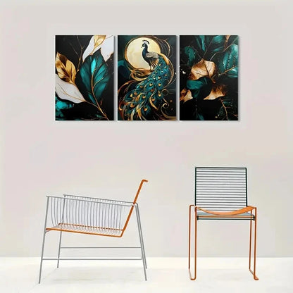 3pcs Modern Abstract Peacock Bird Themed Metal Print Ready to Hang Art