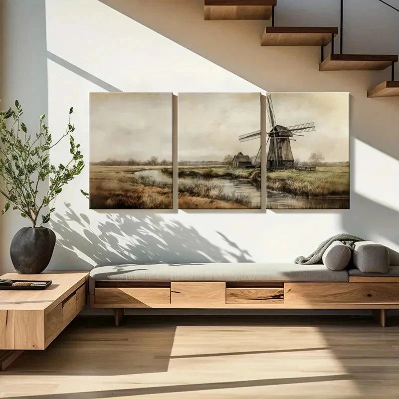 3pcs Windmill Landscape Rustic Farmhouse Vintage Metal Print Ready to Hang Art