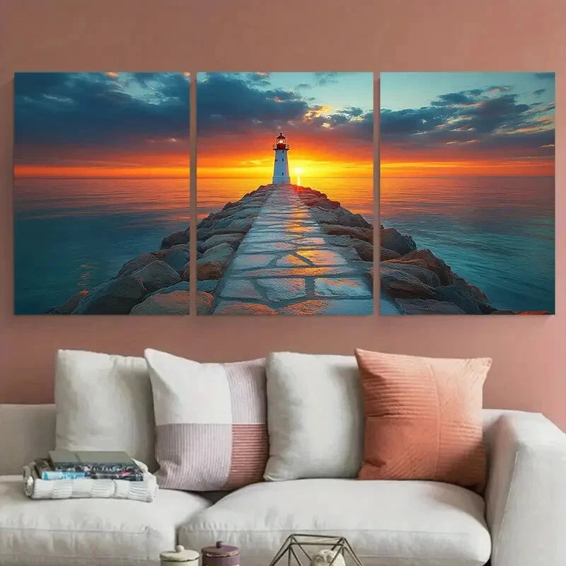 3pcs White Lighthouse Rocky Pier Ocean Sunset Metal Print Ready to Hang Art