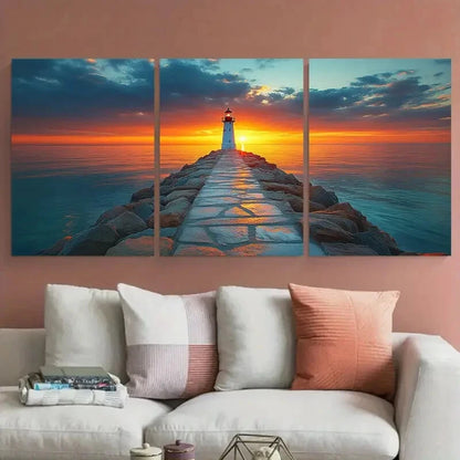 3pcs White Lighthouse Rocky Pier Ocean Sunset Metal Print Ready to Hang Art
