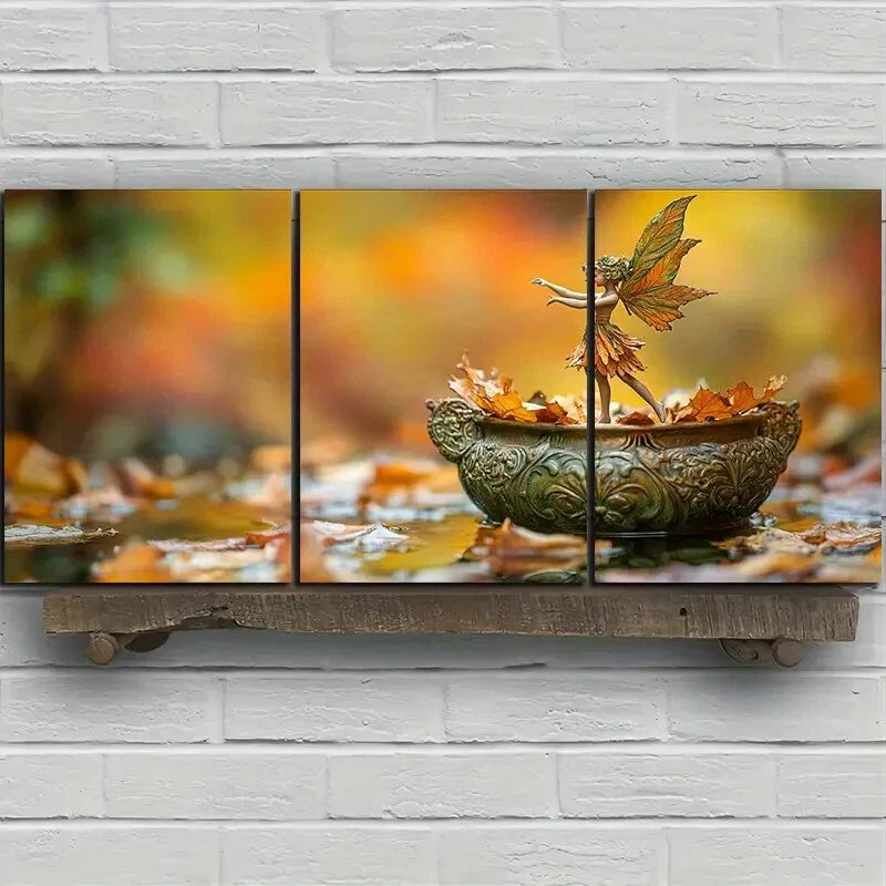 3pcs The Leaf Girl Dancing Golden Themed Metal Print Ready to Hang Art