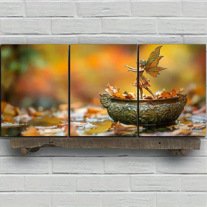 3pcs The Leaf Girl Dancing Golden Themed Metal Print Ready to Hang Art