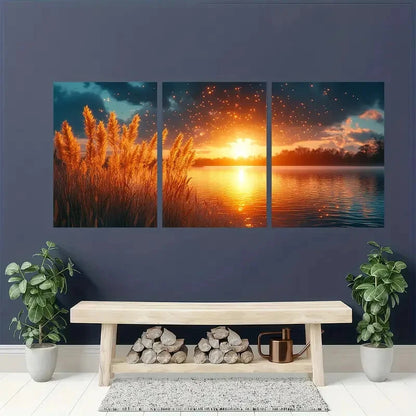 3pcs Golden Sunset Teal Sky & Silhouetted Grass Metal Print Ready to Hang Art