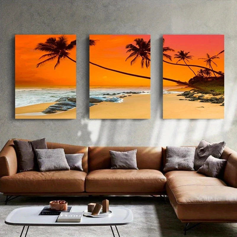 3pcs Tropical Beach Sunset Palm Trees Metal Print Ready to Hang Art