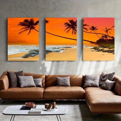 3pcs Tropical Beach Sunset Palm Trees Metal Print Ready to Hang Art