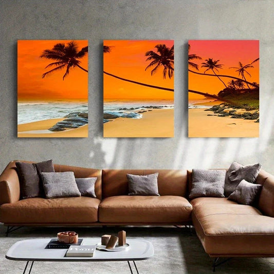 3pcs Tropical Beach Sunset Palm Trees Metal Print Ready to Hang Art