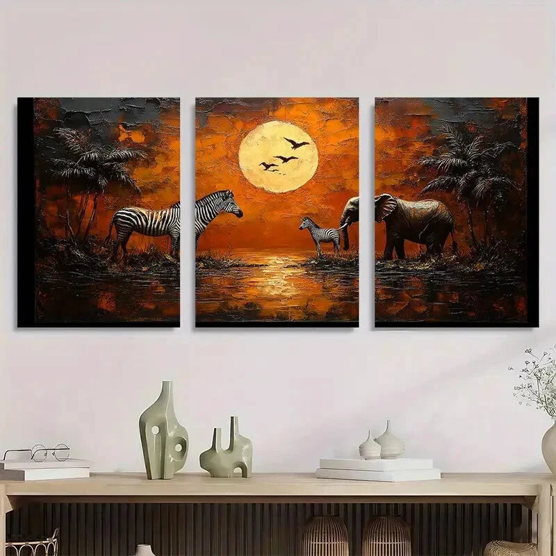 3pcs African Safari Featuring Zebras Giraffes Metal Print Ready to Hang Art