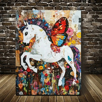 White Horse Reading Newspapers Painting 40x60cm Metal Print Ready to Hang