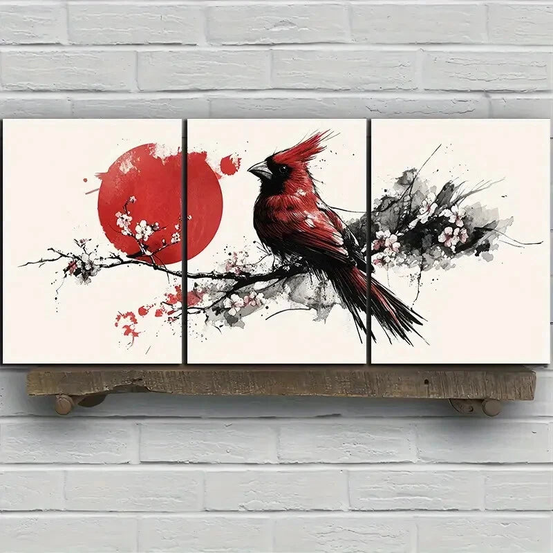 3pcs Birds on Plum Blossom Branches Red Moon Metal Print Ready to Hang Art