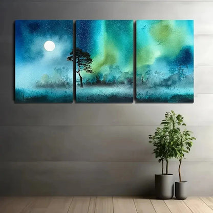 Three-panel canvas art of a forest under a night sky with a full moon and green aurora lights, mounted on a wall.