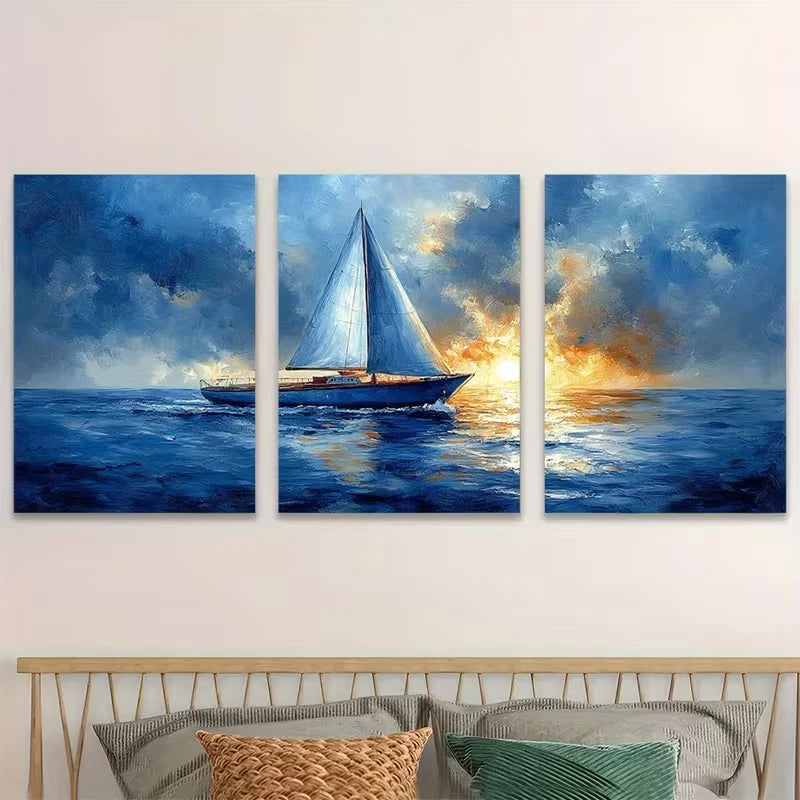 3pcs Nautical Ocean Sailing Blue Indigo Decor Wall Art Set Canvas Framed 50x70cm - High Quality Print 100% Australian Made Wall Canvas Ready to Hang