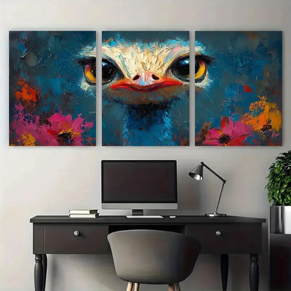 3pcs Vibrant Ostrich Bird Portrait with Bold Color Metal Print Ready to Hang Art