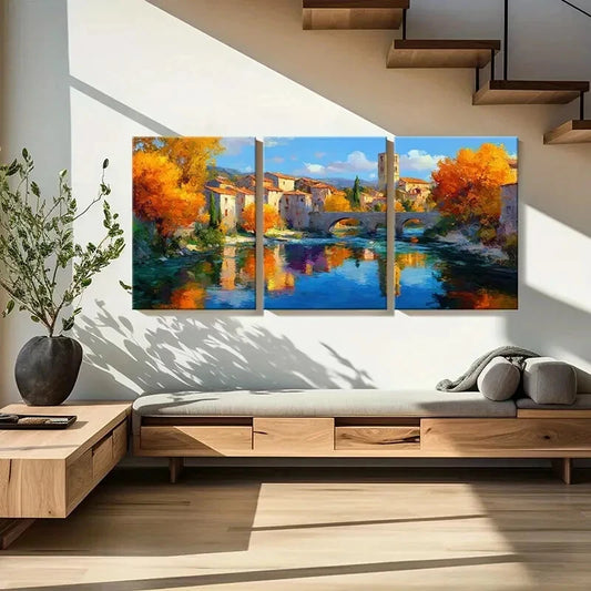 3pcs Autumn Village Reflection River Landscape Metal Print Ready to Hang Art