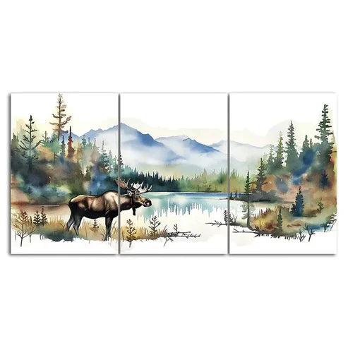 Watercolor Moose 3 Piece Canvas Framed 60x90cm - High Quality Print 100% Australian Made Wall Canvas Ready to Hang