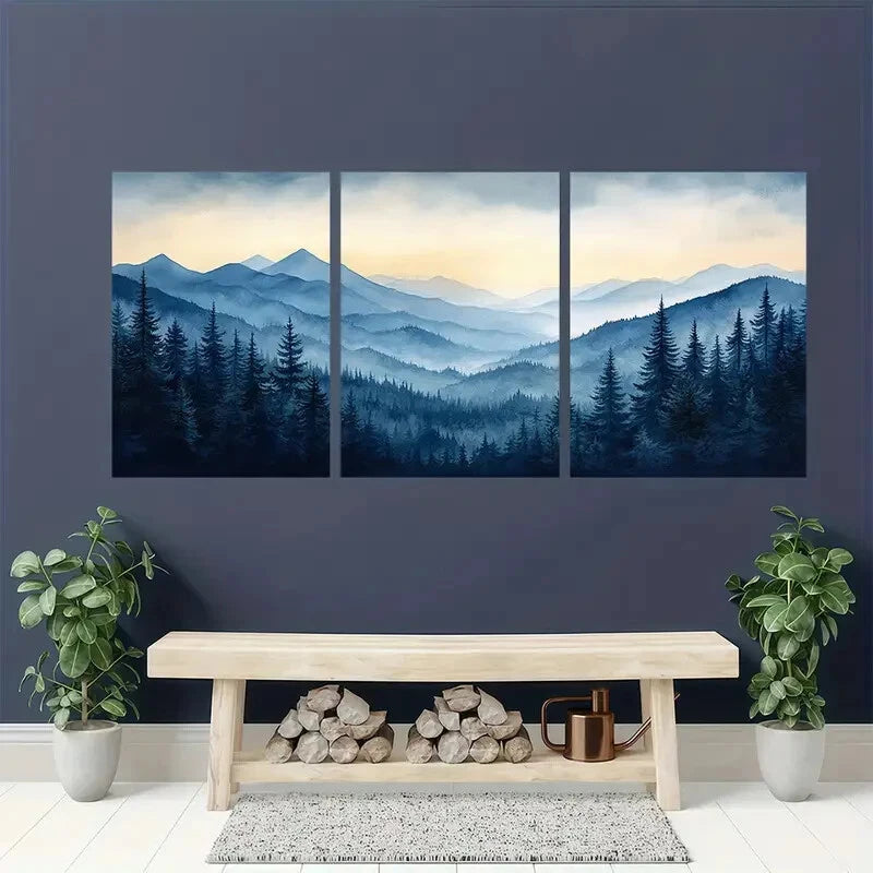 3pcs Painting Smoky Mountains Landscape Metal Print Ready to Hang Art