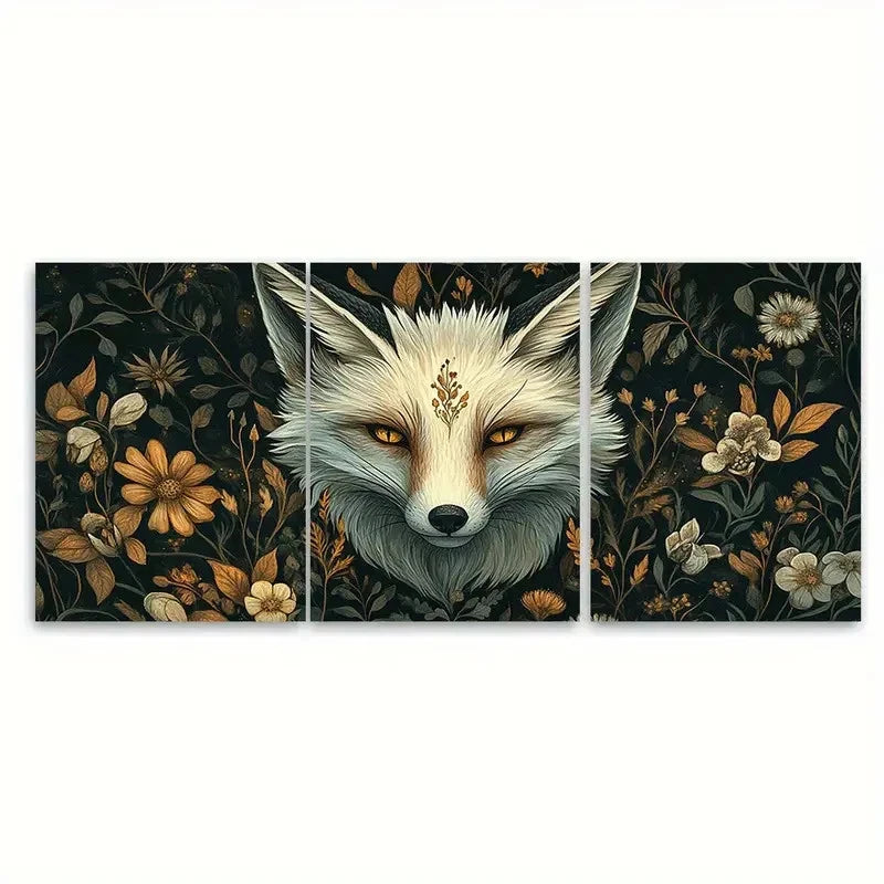 3pcs Vintage Aesthetic Floral W hite Fox Wall Art Set Canvas Framed 60x90cm - High Quality Print 100% Australian Made Wall Canvas Ready to Hang