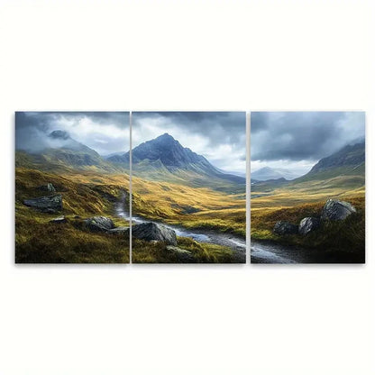 3pcs Celtic Highlands Moody Mountain Landscape Wall Art Set Canvas Framed 60x90cm - High Quality Print 100% Australian Made Wall Canvas Ready to Hang