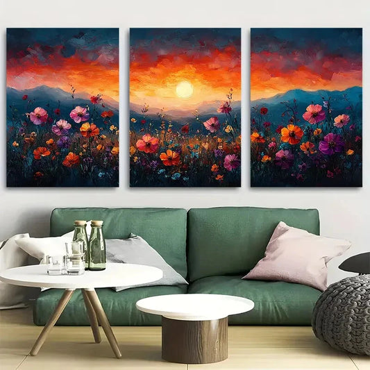 3pcs Colorful Flower Garden Sunset Metal Print Ready to Hang Art