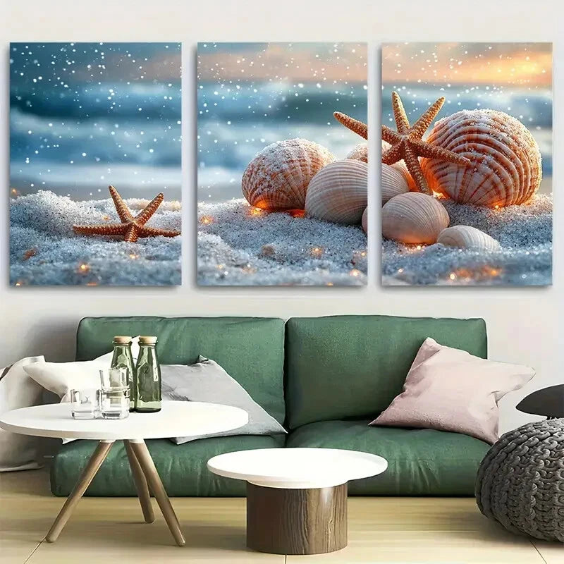 3pcs Snow Covered Beach with Shells and Starfish Metal Print Ready to Hang Art