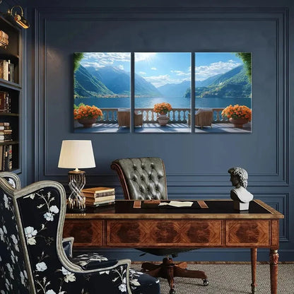 3pcs Vintage Lakeside Mountain View Balcony Metal Print Ready to Hang Art