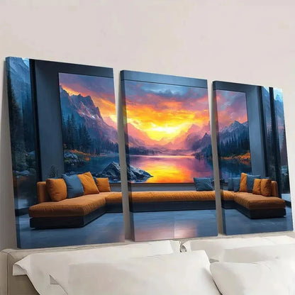 3pcs Modern Mountain Sunset F Wall Art Set Canvas Framed 60x90cm - High Quality Print 100% Australian Made Wall Canvas Ready to Hang