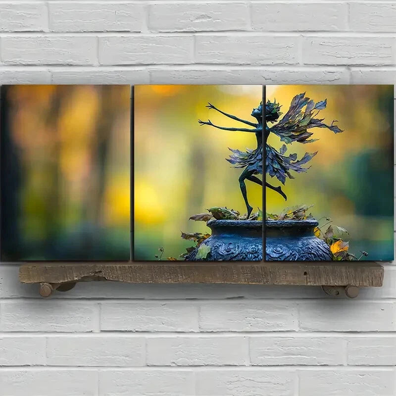 3pcs Leaf Girl Dancing in the Forest Fantasy Metal Print Ready to Hang Art