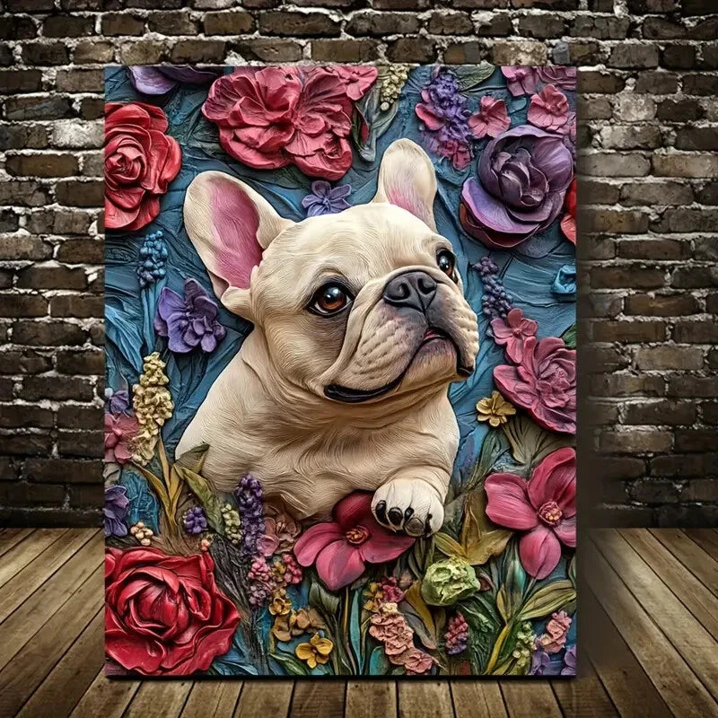 French Bulldog Surrounded by Heart Painting 40x60cm Metal Print Ready to Hang