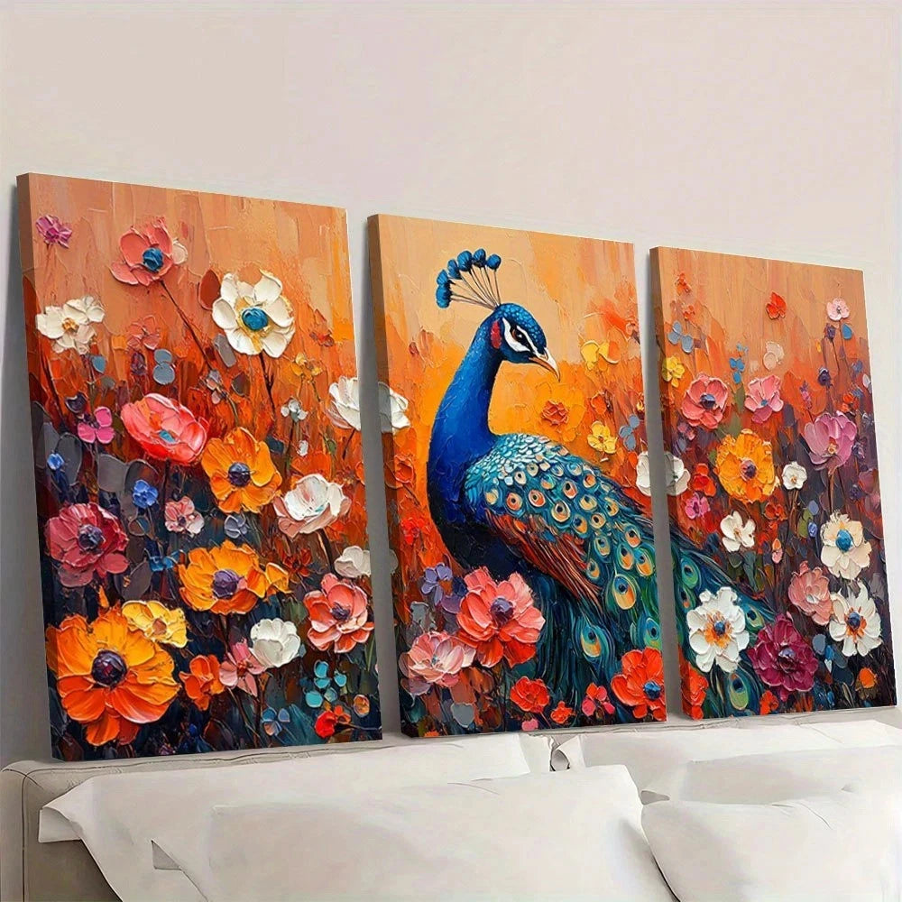3pcs Vintage Floral Peacock Vibrant Orange Blue Wall Art Set Canvas Framed 60x90cm - High Quality Print 100% Australian Made Wall Canvas Ready to Hang