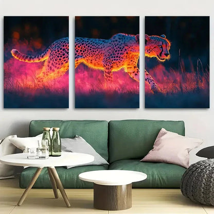 3pcs Cheetah on the Hunt, Vaporwave Design Metal Print Ready to Hang Art
